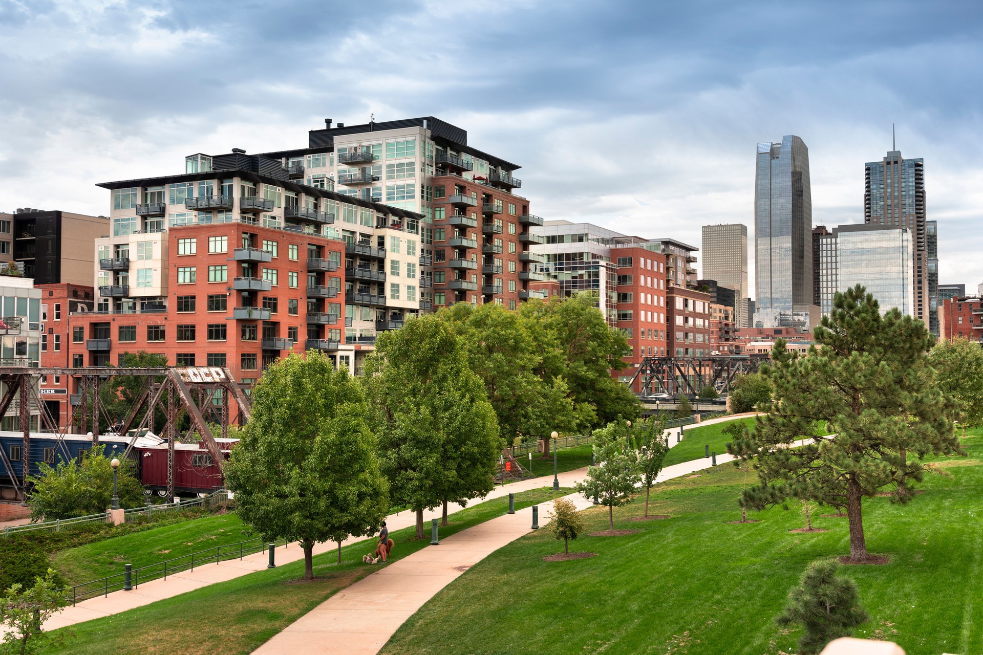 Denver Colorado downtown city skyline public park and Cherry Creek Trail